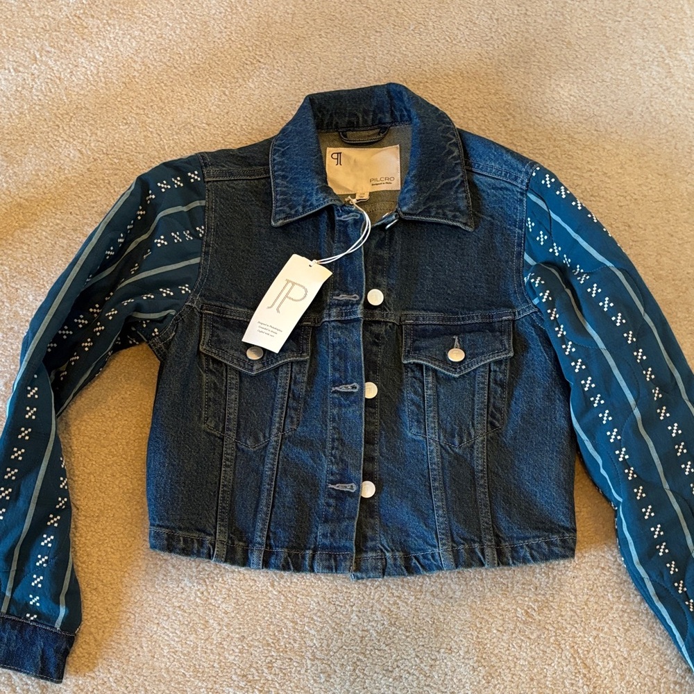 Pilcro Denim Jacket with Quilted Patterned Sleeves